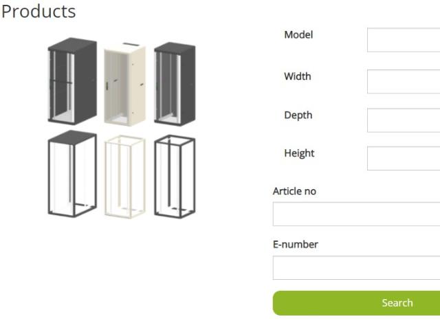 Product configurator for Enoc network cabinets, showing six different cabinet models and a search form with fields for model, width, depth, height, article number, and E-number.