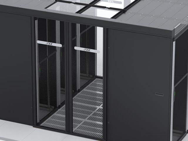 Enclosed Enoc rack cabinets with glass panels between the cabinets